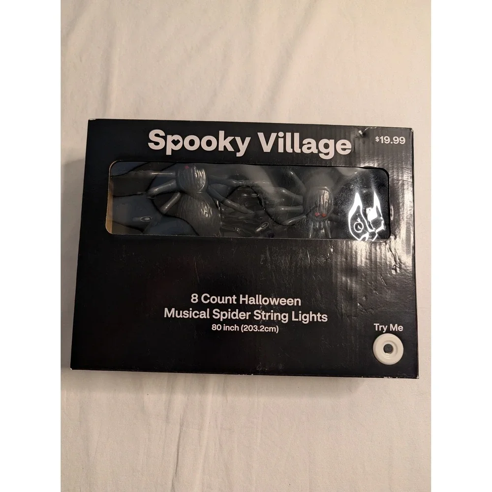 NIB Spooky Village Halloween Musical Spider String Lights 8 Count Blue LED 80 In